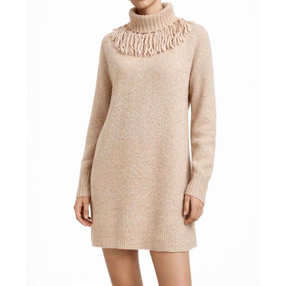 SOMETHING NAVY Sweater Dress Womens S Fringe Turtleneck Beige Knit Cozy Mini